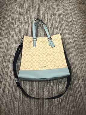 Coach Beige Signature Canvas Tote with Light Blue Trim